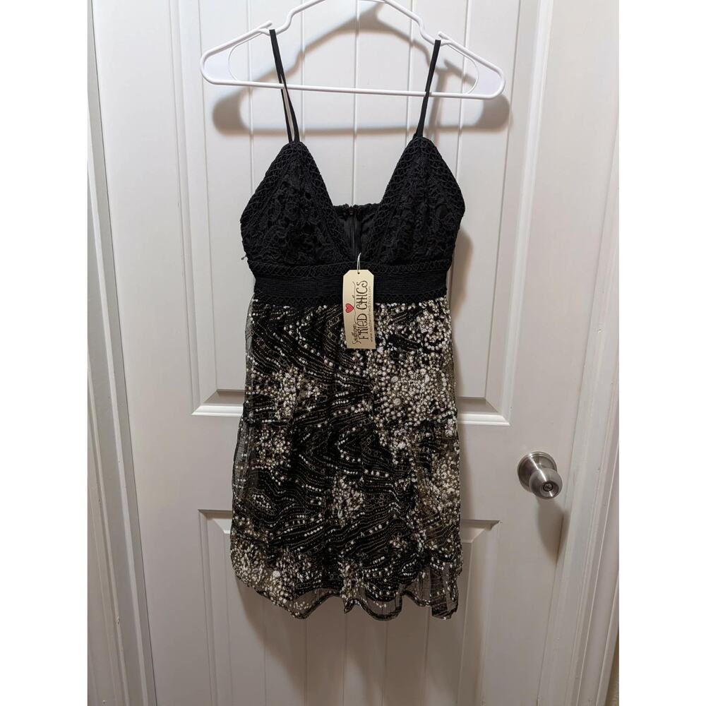 NEW! Southern Fried Chics Black Gold V Neck Mini Dress Size XS Cocktail
